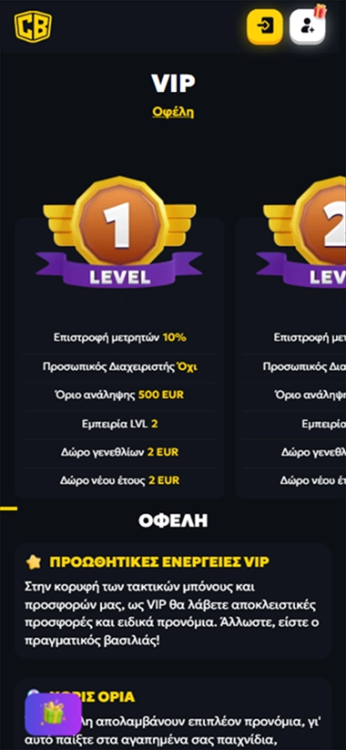 Πίνακας VIP επιπέδων με επίπεδο 1 και επίπεδο 2, κάθε επιπέδου με δικιά του επιστροφή και ανταμοιβή